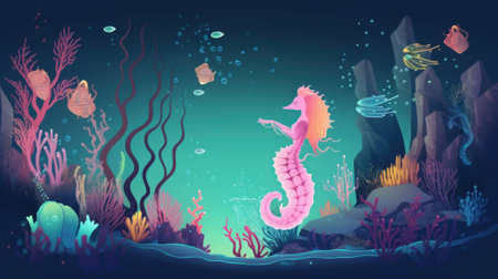 A cartoon seahorse swimming in the ocean surrounded by corals. AI generative image.の素材