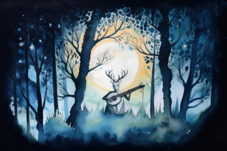 A painting of a deer playing a guitar in the woods. AI generative image.の素材
