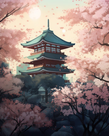 A painting of a pagoda surrounded by trees. AI generative image.の素材
