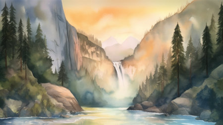 A painting of a waterfall in the middle of a forest. AI generative image.の素材