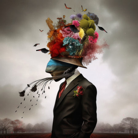 A man in a suit and tie with flowers on his head. AI generative image.の素材