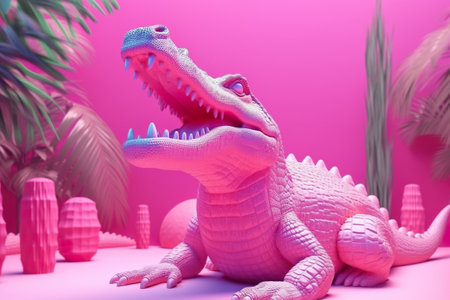 A large toy alligator sitting on a pink surface. AI generative imageの素材