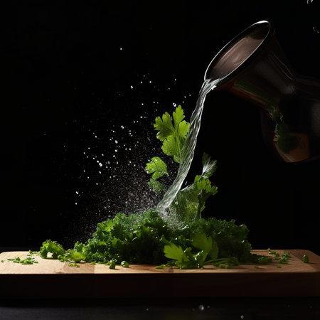 A wooden cutting board topped with lettuce and water. AI generative imageの素材