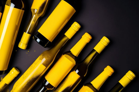 A group of yellow wine bottles sitting next to each other. AI generative imageの素材