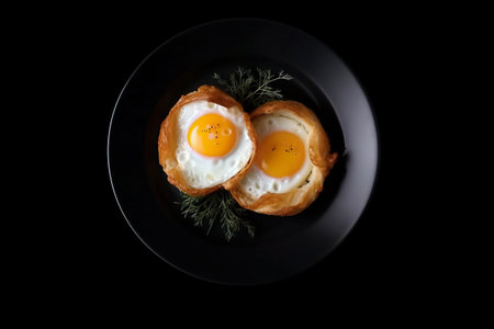 Two fried eggs on a black plate with a sprig of rosemary. AI generative imageの素材