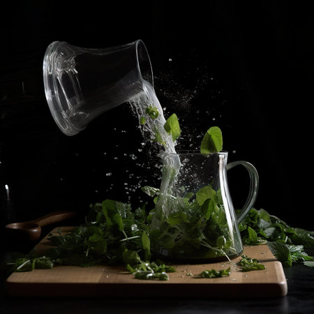 A pitcher pouring water into a glass filled with greens. AI generative imageの素材