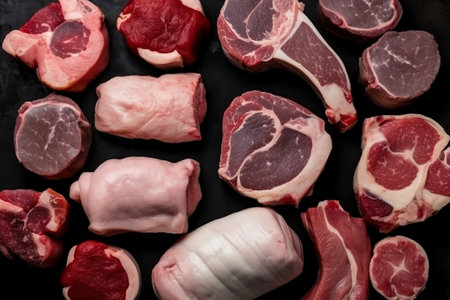 A bunch of meat that is on a table. AI generative imageの素材