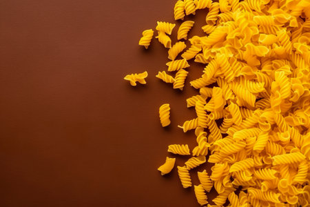 A pile of yellow pasta on a brown surface. AI generative image . A lot of copy space.の素材