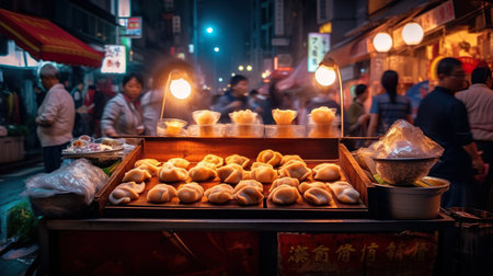 A tray of food on a street at night. AI generative imageの素材