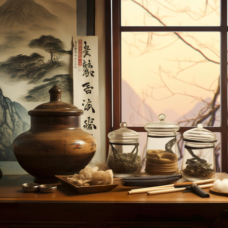 A wooden table topped with jars filled with food. AI generative imageの素材