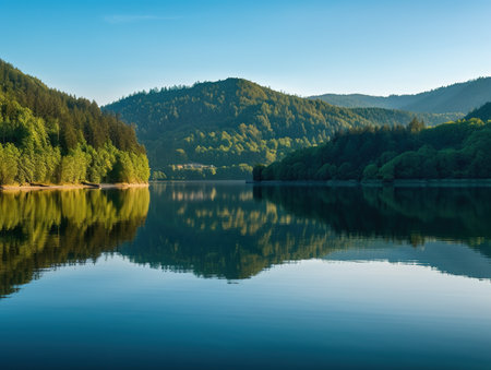 A large body of water surrounded by a forest. AI generative imageの素材