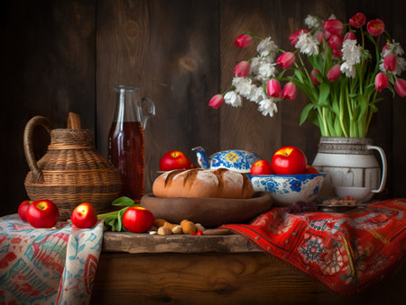 A table topped with a loaf of bread next to a vase of flowers. AI generative imageの素材
