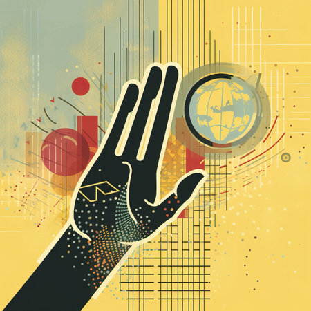 A hand reaching for a globe on a yellow background. AI generative imageの素材