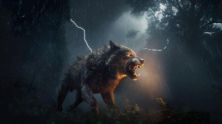 A wolf with its mouth open in the rain. AI generative imageの素材