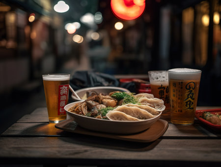 A table topped with plates of food and glasses of beer. AI generative image . Japanese street food.の素材
