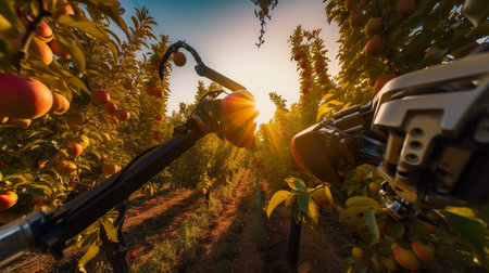 An apple orchard with the sun shining through the trees. AI generative imageの素材