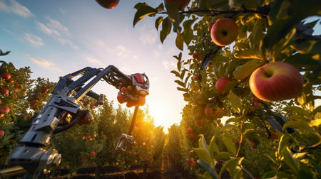 An apple picking machine picking apples in an apple orchard. AI generative imageの素材