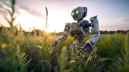 A robot standing in a field of tall grass. AI generative imageの素材