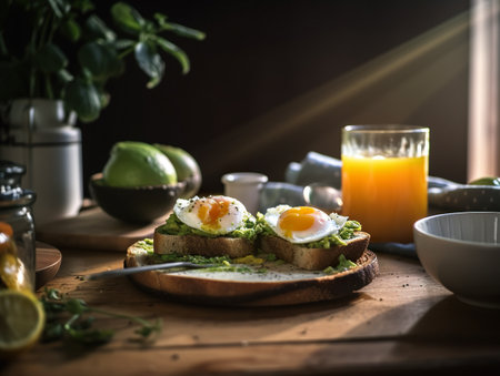 A wooden table topped with a plate of food and a glass of orange juice. AI generative imageの素材