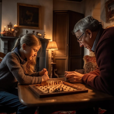 An older man and a young girl playing a game of chess. AI generative imageの素材