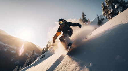 A man riding a snowboard down the side of a snow covered slope. AI generative imageの素材