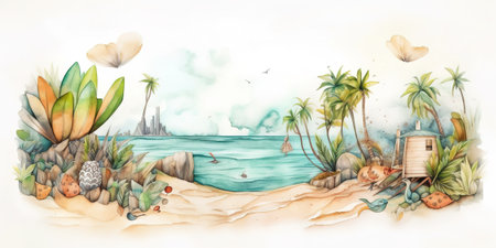 A painting of a beach scene with palm trees. AI generative imageの素材