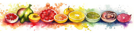A watercolor painting of different fruits and vegetables. AI generative imageの素材