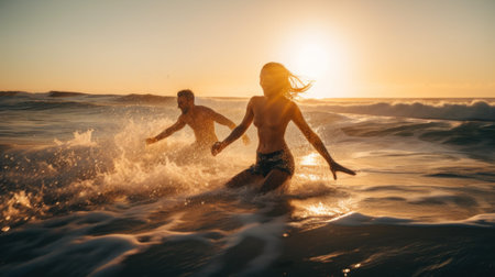 A couple of people that are in the water. AI generative image.の素材