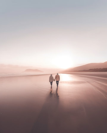Two people walking on a beach at sunset. AI generative image.の素材