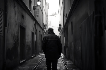 A man walking down a narrow alley way. AI generative image.の素材