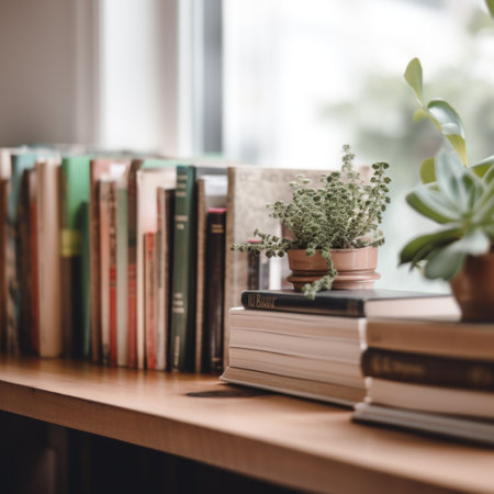 A wooden shelf with books and a potted plant on top of it. AI generative image.の素材