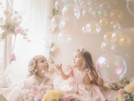 Two little girls sitting on a bed surrounded by bubbles. AI generative image.の素材