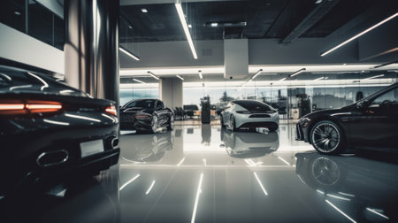 A group of cars parked inside of a building. AI generative image.の素材