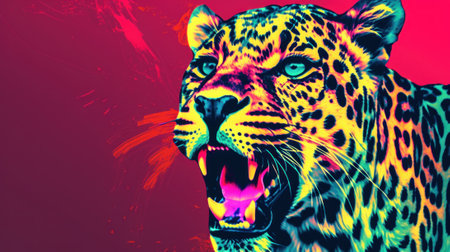 A painting of a leopard with its mouth open. AI generative image.の素材