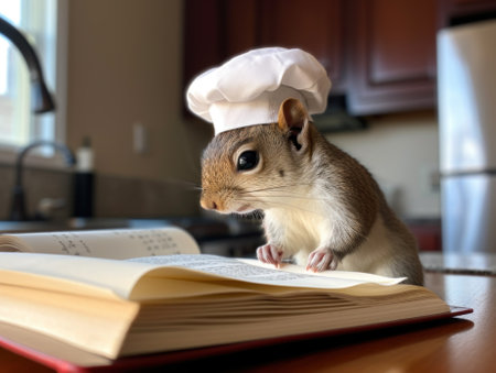 A squirrel wearing a chefs hat sitting on top of an open book. AI generative image.の素材