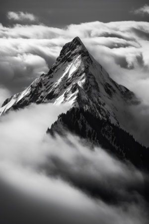 A black and white photo of a snow covered mountain. AI generative image.の素材