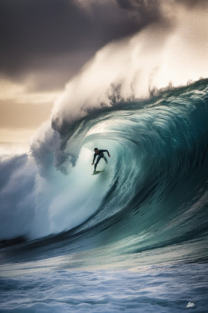 A surfer riding a large wave in the ocean. AI generative image.の素材