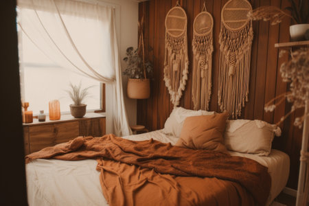 A bed in a bedroom with a brown blanket. AI generative image.の素材