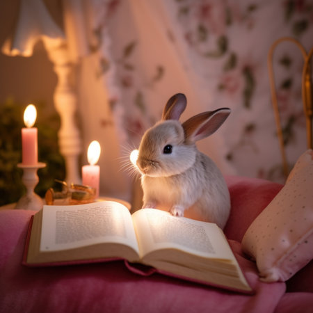 A rabbit sitting on top of an open book. AI generative image.の素材