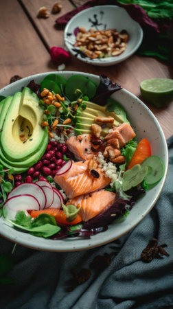 A salad with salmon, avocado, pomegranate and nuts. AI generative image.の素材