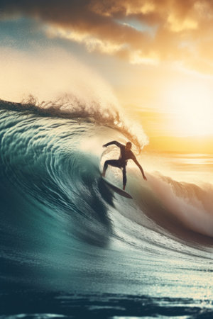 A man riding a wave on top of a surfboard. AI generative image.の素材