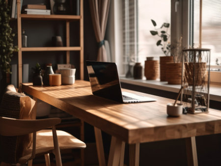 A laptop computer sitting on top of a wooden desk. AI generative image.の素材