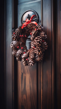 A close up of a wreath on a door. AI generative image.の素材