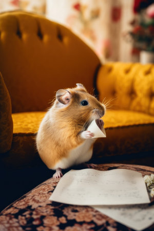 A hamster sitting on a couch with a piece of paper in its mouth. AI generative image.の素材