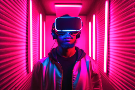 A man wearing a virtual reality headset in a hallway. AI generative image.の素材