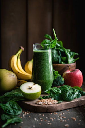 A glass of green smoothie surrounded by fruits and vegetables. AI generative image.の素材