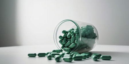 A glass jar filled with green pills on top of a table. AI generative image.の素材