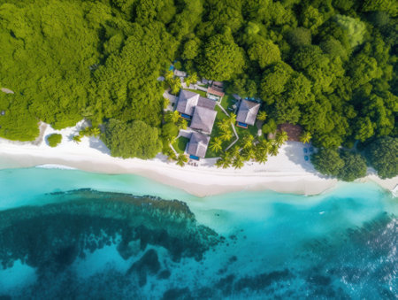 An aerial view of a house on a beach. AI generative image.の素材