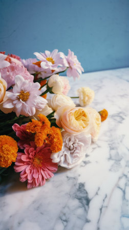A bunch of flowers sitting on top of a marble counter. AI generative image.の素材