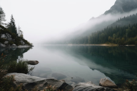 A body of water surrounded by trees and rocks. AI generative image.の素材